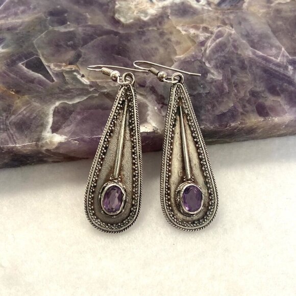 Sterling Silver 925 OKA Bali Oval Amethyst Teardrop Dangle Drop Earrings - Picture 2 of 16